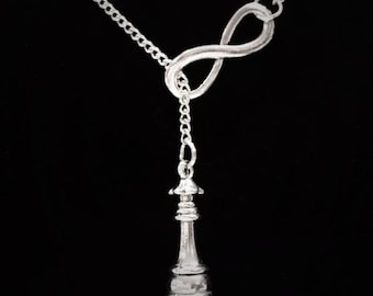 Gift For Her, Queen Chess Piece Necklace, Infinity Lariat Necklace, Christmas Gift, Chess Jewelry