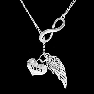 May include: Silver infinity necklace with a heart charm that says "Nana" and a small angel wing charm.