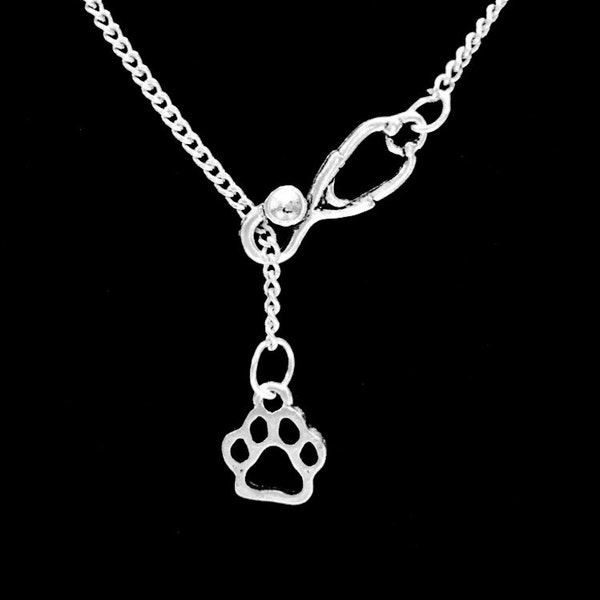 Veterinarian Gift, Stethoscope Necklace, Paw Print Necklace, Animal Necklace, Dog Necklace, Tiger, Bulldog,  Y Lariat Necklace