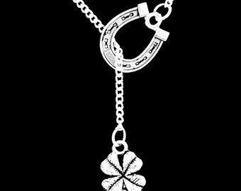 Collier trèfle à quatre feuilles, collier fer à cheval, bijoux trèfle, collier porte-bonheur, collier Lariat infini cadeau fleur