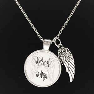 Memorial Necklace, Mother Of An Angel In Memory Angel Wing Quote, Miscarriage, Sympathy Gift Necklace