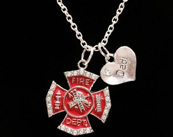 Firefighter Dad Necklace, Red Crystal Maltese Cross Fire Department Fireman Gift Necklace