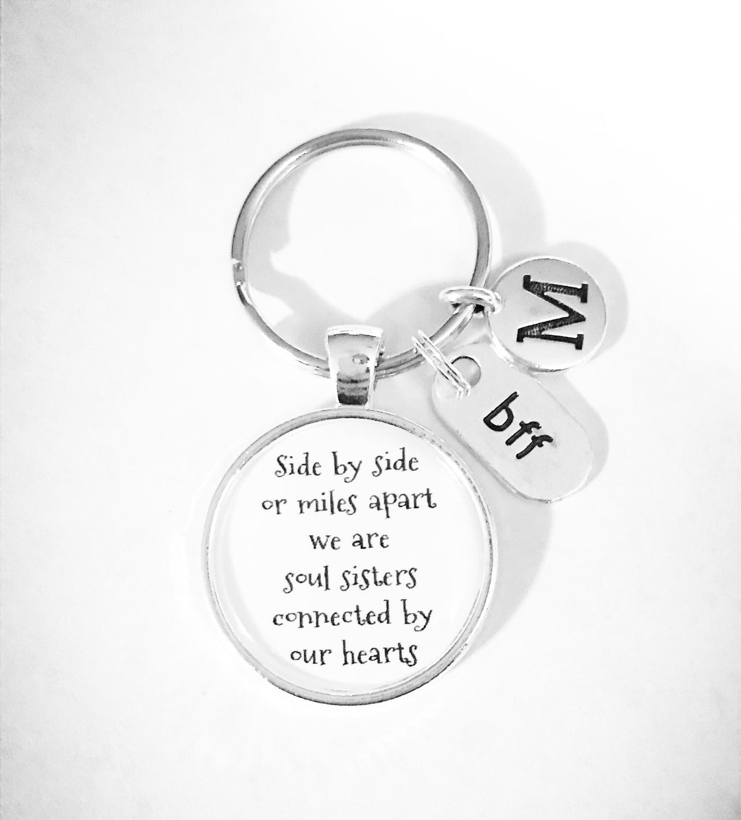 Personalized Cousin Keychain Gift - Initial Letter Charm With 'Side By Side Or Miles Apart' Heart & Rose Pendant - View #11