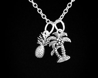 Palm Tree Necklace, Pinapple Necklace, Pineapple Jewelry, Beach Nautical Charm Necklace, Christmas Gift Charm Necklace