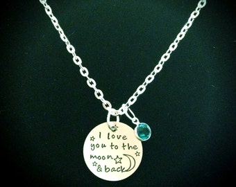 Birthstone Necklace, I Love You To The Moon And Back Necklace, Best Friend Gift, Mom Gift, Personalized Forever In My Heart Memory Necklace