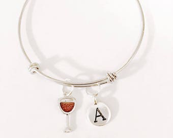 Gift For Her, Red Wine Glass Charm Bracelet, Wine Jewelry, Initial Bangle, Best Friend Gift Bracelet, Christmas Gift Charm Bracelet