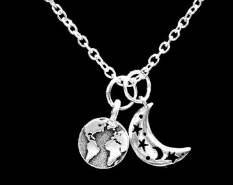 Earth Moon Necklace, World Planet Geography Globe Travel Crescent Moon Astronomy Necklace