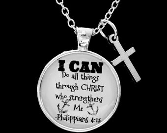 Bible Scripture Necklace, Cross Necklace, Philippians 4:13 Jewelry, I Can Do All Things Through Christ Necklace, Inspirational Jewelry