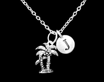 Palm Tree Necklace, Initial Necklace, Beach Nautical Charm Necklace, Gift Charm Necklace