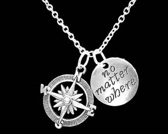 Best Friend Gift, No Matter Where Long Distance Compass Necklace, Sister Gift, Travel Friends Couple's Mother Daughter Necklace
