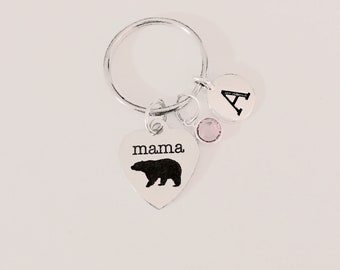 Gift For Her, Mama Bear Keychain, Mother's Day Gift Keychain, Birthstone Initial Keychain, Personalized Keychain Gift,  Monogram