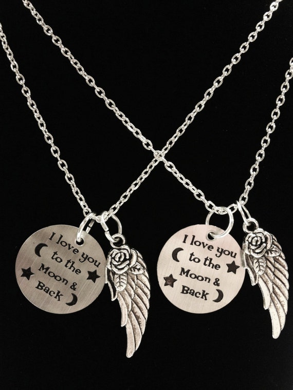 Best Friend Gift, I Love You to the Moon and Back Necklace, Angel
