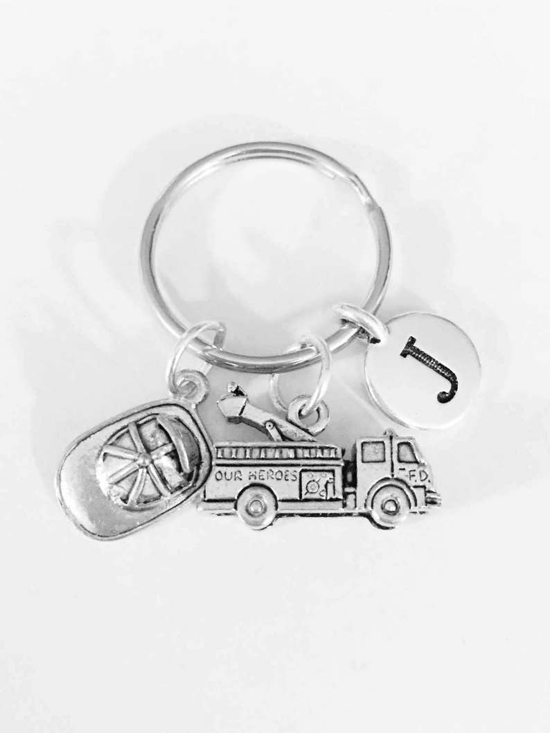 Fire Truck Keychain Fire Helmet Initial Keychain Firefighter Etsy