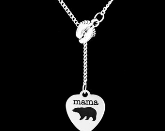 Mama Bear Necklace, Mother's Day Gift, Animal Necklace, Mother Gift, Baby Shower Gift, Mom Gift, Mama Bear Baby Feet Lariat Necklace