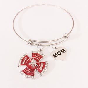 Firefighter Mom Bracelet Bangle Bracelet, Red Maltese Cross Fireman Mom Mother&#39;s Day Gift Bangle Bracelet