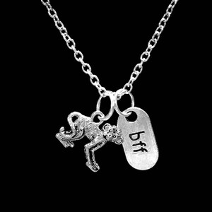 May include: Silver necklace with a monkey charm and a tag that says "bff".