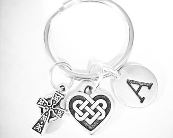 Celtic Cross Keychain, Celtic Heart Keychain, Irish Loyalty Friendship Keychain, Initial Keychain, Sister Gift Daughter Keychain