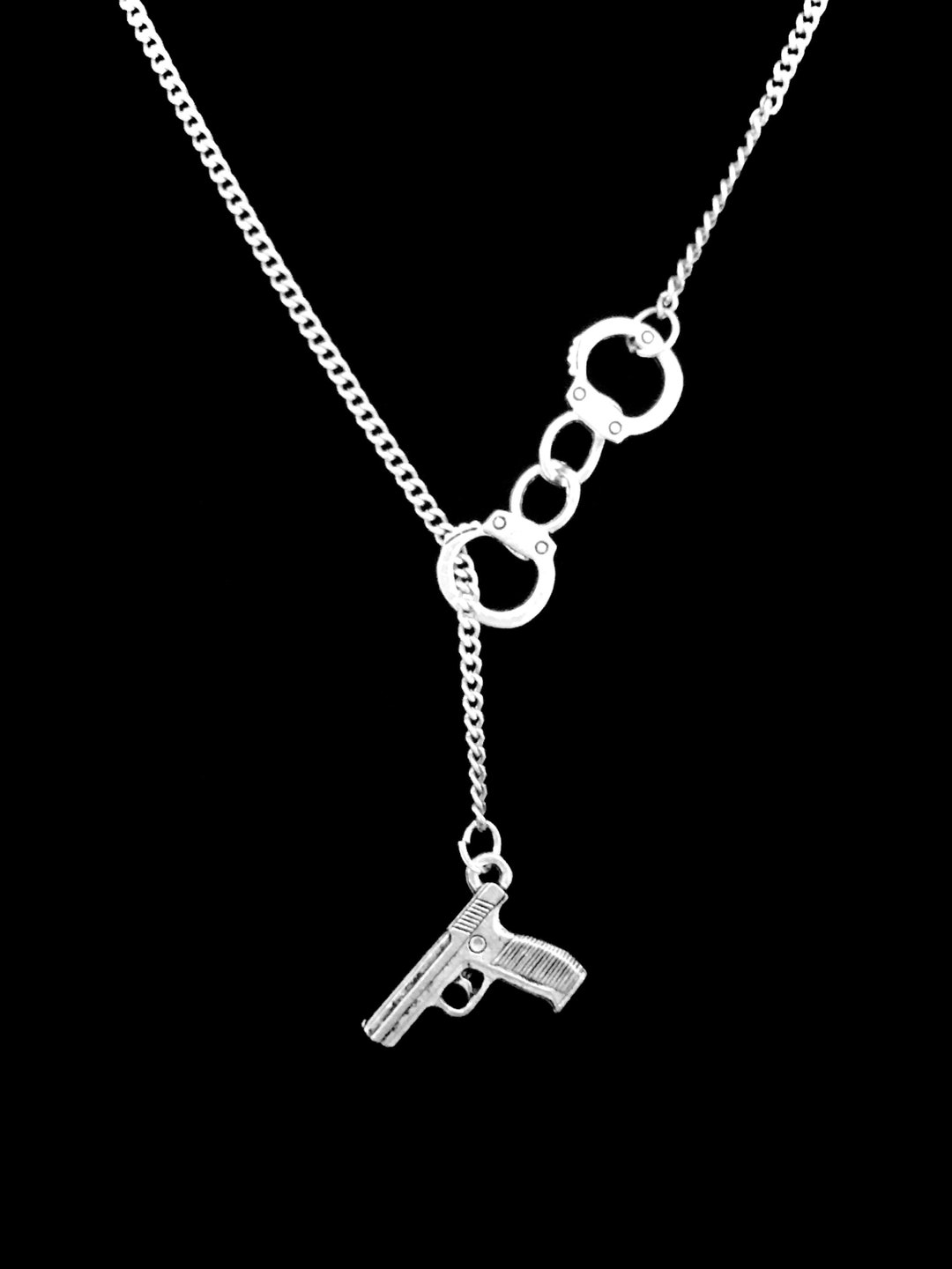 Handcuff Necklace, Gun Jewelry, Pistol Handgun Necklace, Police Jewelry