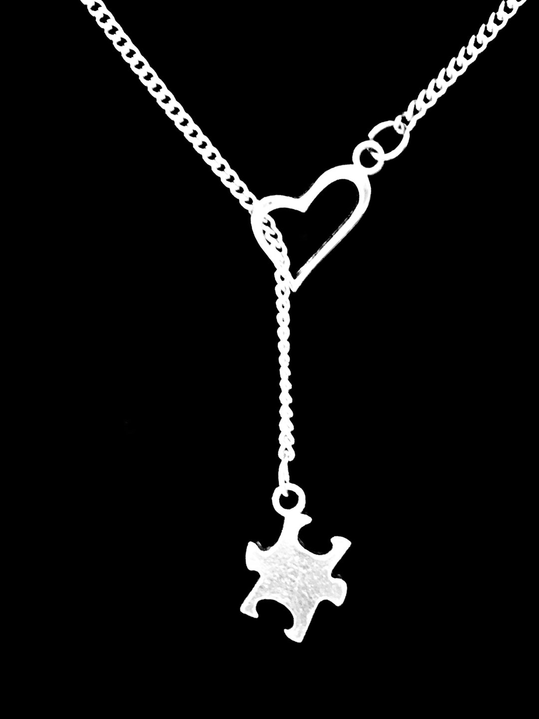 Puzzle Piece Necklace, Autism Awareness Necklace, Heart Lariat