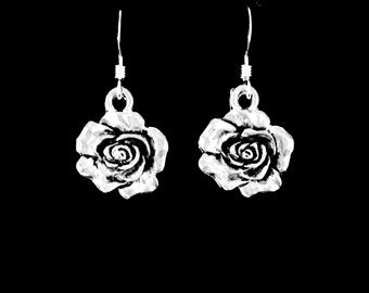 Rose Flower Dangle Drop Charm Earrings, Sterling Silver French Hook Ear Wire, Love Gift