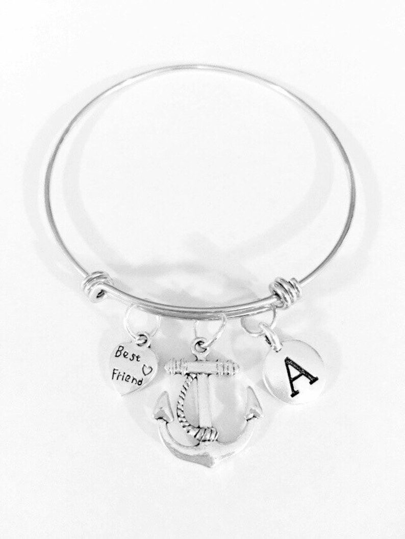 Best Friend Gift, Best Friend Bangle, Initial Bangle Bracelet, Anchor Bracelet, Nautical Bracelet Gift Bangle Charm Bracelet image 1