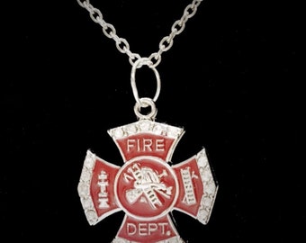 Firefighter Necklace, Firefighter Wife Necklace, Firefighter Jewelry, Red Maltese Cross Jewelry, Fire Wife Necklace