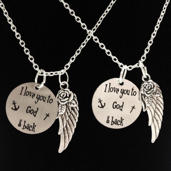 Best Friend Gift, I Love You To God And Back Necklace Set, The Moon And Back, Angel Wing, Mother Daughter, Best Friend Sisters Set