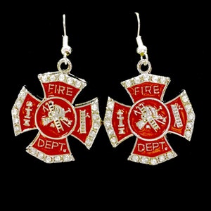 Firefighter Earrings, Red Maltese Cross Earrings, Fire Wife Earrings, Fireman Wife, Sterling Silver French Hook Ear Wire