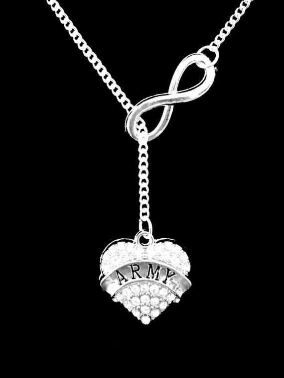 Army Necklace, Infinity Lariat Necklace, Heart Military Soldier Wife Girlfriend Gift Y Lariat Necklace