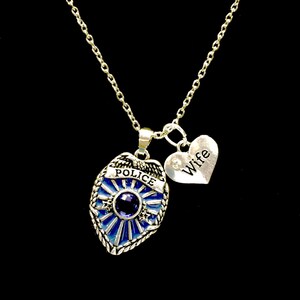 Police Wife Necklace, Police Jewelry, Blue Police Officer Badge Shield Gift For Police Wife Charm Necklace