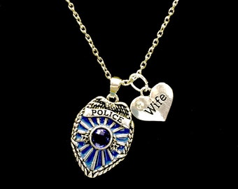 Police Wife Necklace, Police Jewelry, Blue Police Officer Badge Shield Gift For Police Wife Charm Necklace