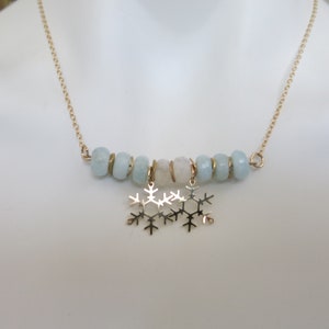 Enchanting Winter Necklace with Gold Snowflake Charm Aquamarine Moonstone Jewelry Gift image 3