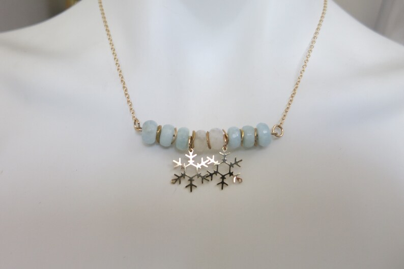 Enchanting Winter Necklace with Gold Snowflake Charm Aquamarine Moonstone Jewelry Gift image 3