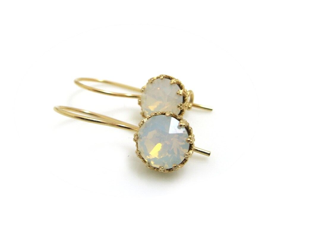 White Opal Earrings, Gold Earrings Set With Opal Swarovski, Bridesmaid ...