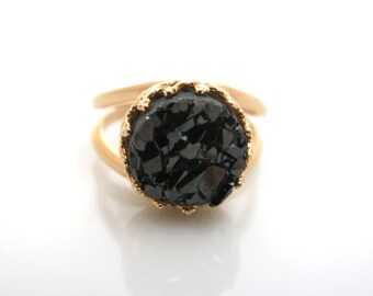 Black Druzy Ring, Golf ring set with black quartz, Cocktail ring, Gifts for her