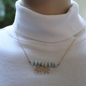 Enchanting Winter Necklace with Gold Snowflake Charm Aquamarine Moonstone Jewelry Gift image 1