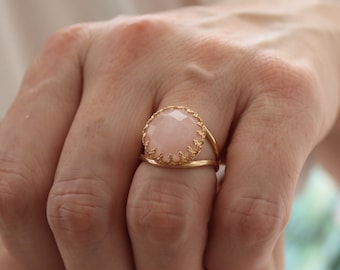 Rose quartz ring, Gold ring with rose quartz, October birthstone, Statement ring, Big pink ring, Rose Quartz, Romantic gifts for her