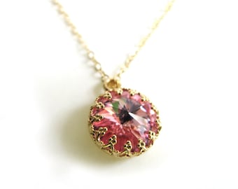 Collier en or serti avec pendentif Swarovski, collier en cristal rose, cadeau pour elle