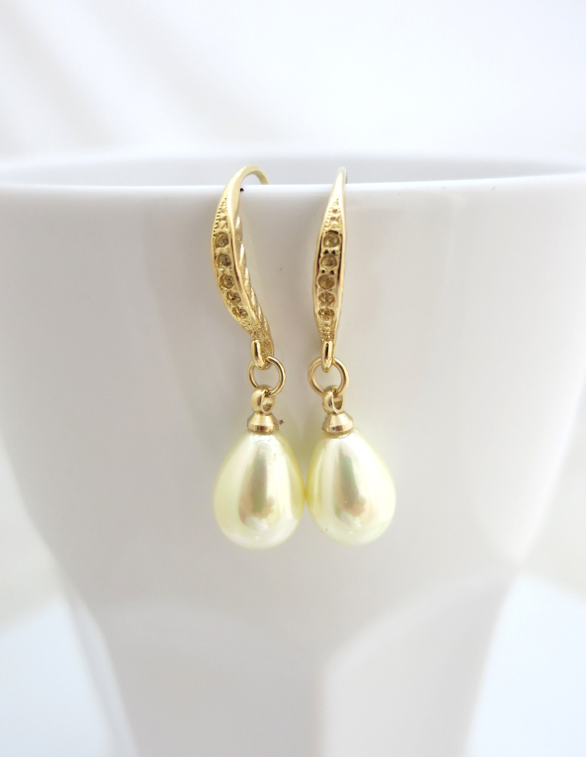 Pearl Earrings, Gold Dangle Earrings Set With Ivory Teardrop Pearls ...