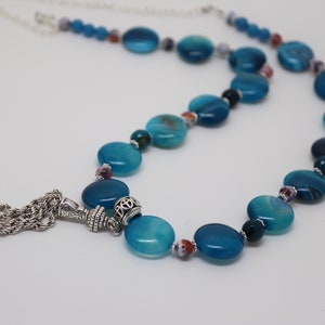 Blue Agate long beaded necklace, Chunky handmade necklace,  Silver Tassel necklace, Boho-chic necklace, Gifts for her