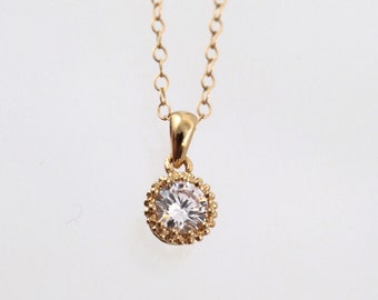 Gold necklace with zircon pendant, White zircon necklace, Bridesmaid gift, Gifts for her