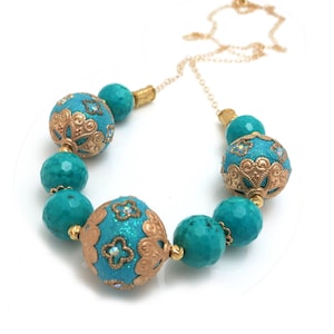 Big beaded necklace, Turquoise gold jewelry, Chunky beaded, Boho chic, For her, Statement necklace, Bohemian, Tribal, Unique Irregular bead