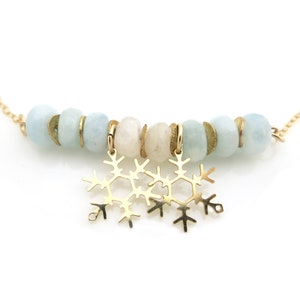 Enchanting Winter Necklace with Gold Snowflake Charm Aquamarine Moonstone Jewelry Gift image 2