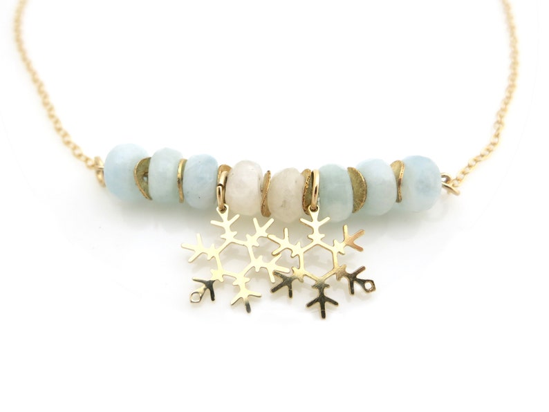 Enchanting Winter Necklace with Gold Snowflake Charm Aquamarine Moonstone Jewelry Gift image 2