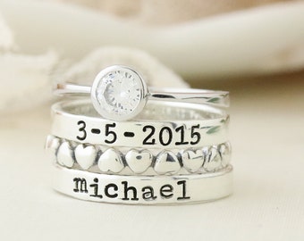 Sterling Silver Name Ring Stack Set - Stacking Ring Set - Stackable Ring - Personalized Ring - Mothers Rings - Name Ring - Engraved Rings