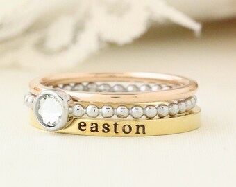 New Mom Ring Set - Ring Stack - Stacking Ring Set - Stackable Ring - Personalized Ring - Mothers Rings - Name Ring - Engraved Rings