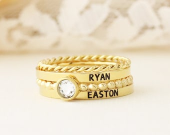 Gold Personalized Ring Stack - Stacking Ring Set - Stackable Ring - Personalized Ring - Mothers Rings - Name Ring - Engraved Rings