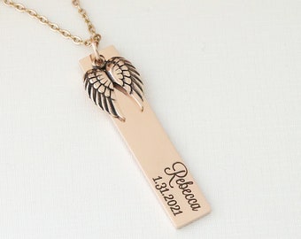 Custom Engraved Memorial Necklace | Angel Wing Memorial Necklace | Personalized Wing Necklace | Memorial Jewelry | Loss of Spouse Gift