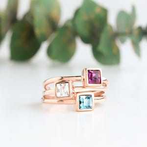 Square Stackable Birthstone Ring / Birthstone Stacking Ring / Dainty Birthstone Ring / Family Jewelry / Mothers Ring / Gift for Mom
