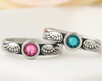 Angel Wing Birthstone Ring / Memorial Ring / Remembrance Ring Set / Angel Wing Ring / Custom Memorial Ring / Miscarriage Ring